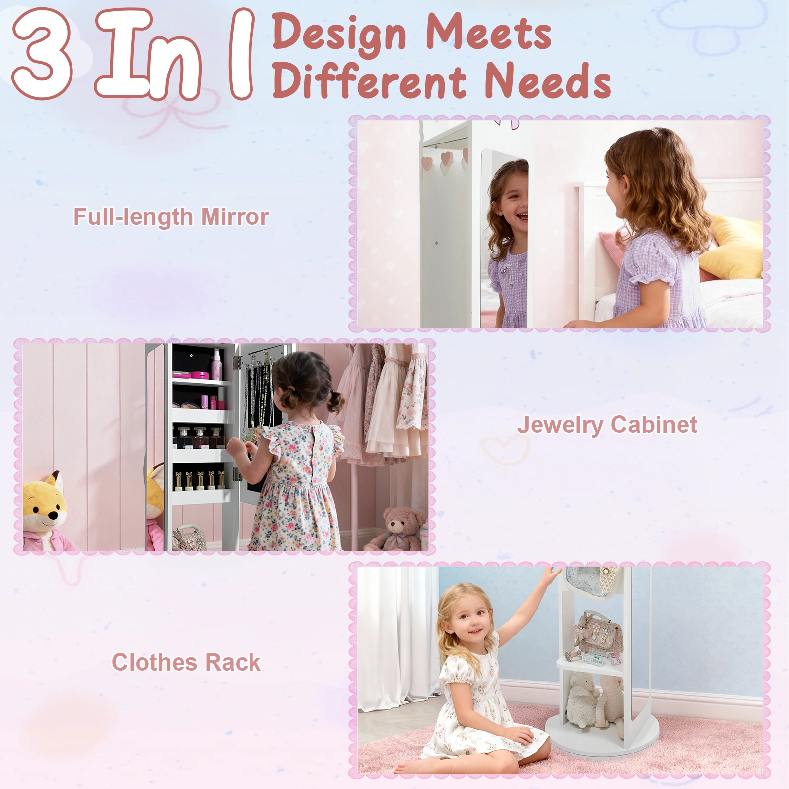 White Bow Pattern MDF Children's Jewelry Mirror Cabinet, 1-Door 1-Shelf Rotatable Bottom, Painted Finish Storage view 19
