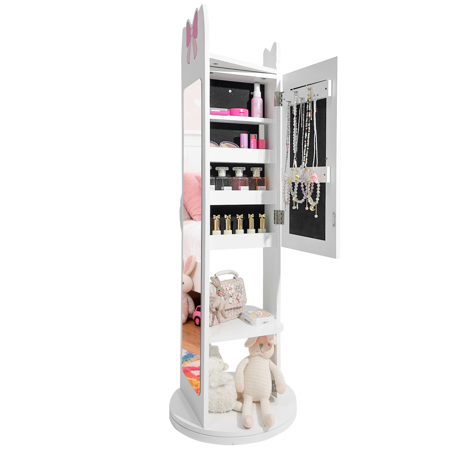 White Bow Pattern MDF Children's Jewelry Mirror Cabinet, 1-Door 1-Shelf Rotatable Bottom, Painted Finish Storage view 2