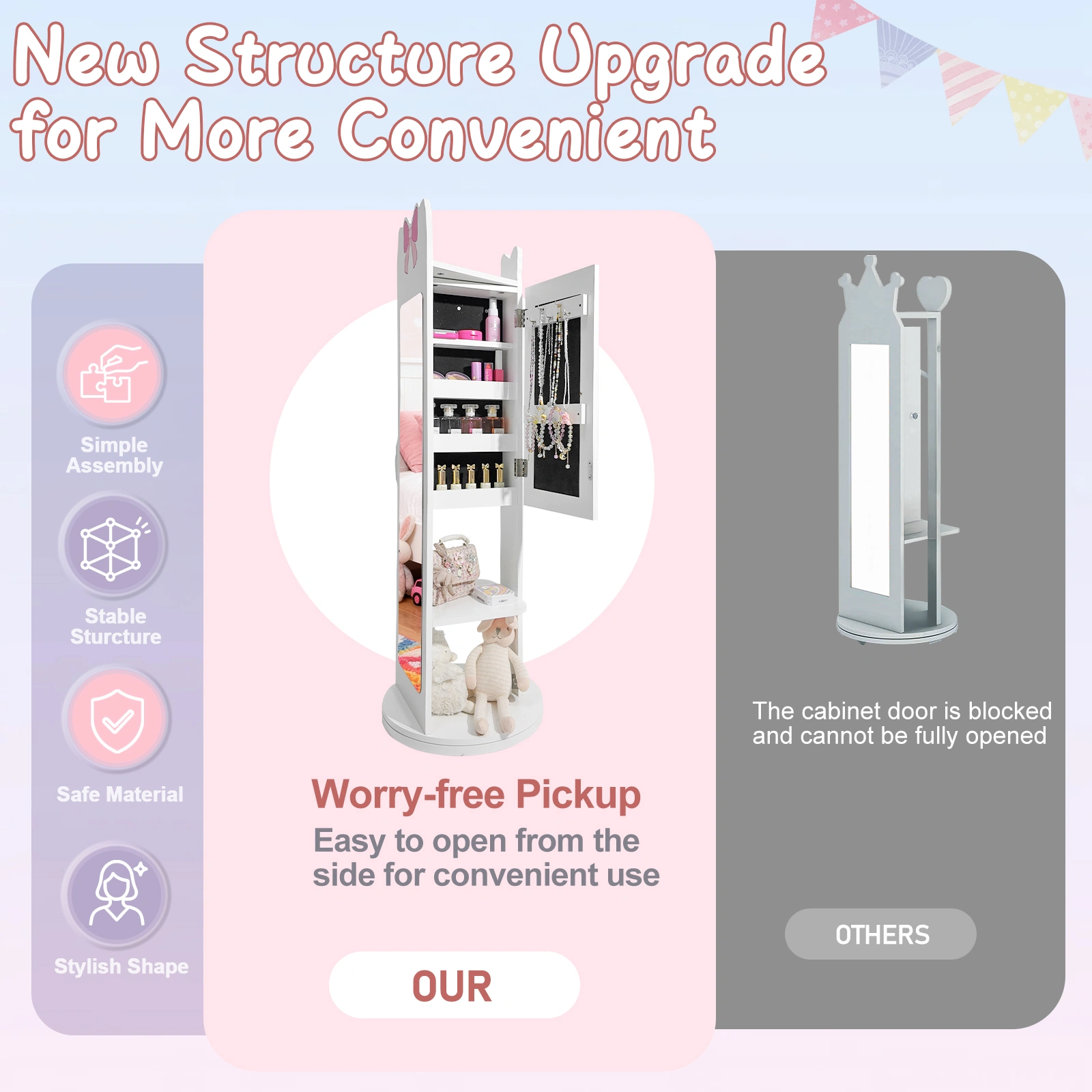 White Bow Pattern MDF Children's Jewelry Mirror Cabinet, 1-Door 1-Shelf Rotatable Bottom, Painted Finish Storage view 3