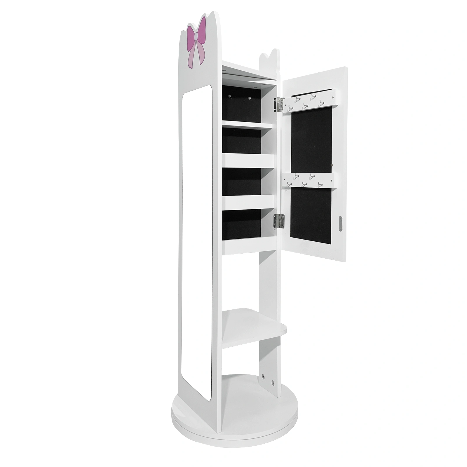 White Bow Pattern MDF Children's Jewelry Mirror Cabinet, 1-Door 1-Shelf Rotatable Bottom, Painted Finish Storage view 4