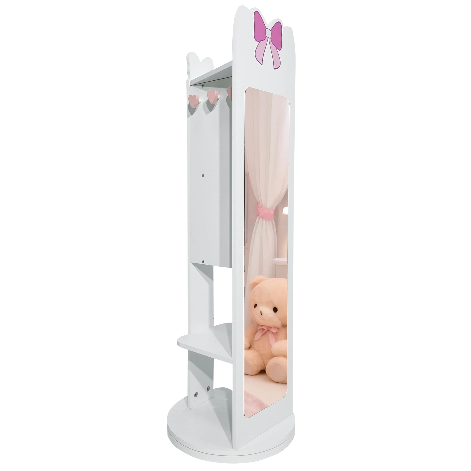 White Bow Pattern MDF Children's Jewelry Mirror Cabinet, 1-Door 1-Shelf Rotatable Bottom, Painted Finish Storage view 5