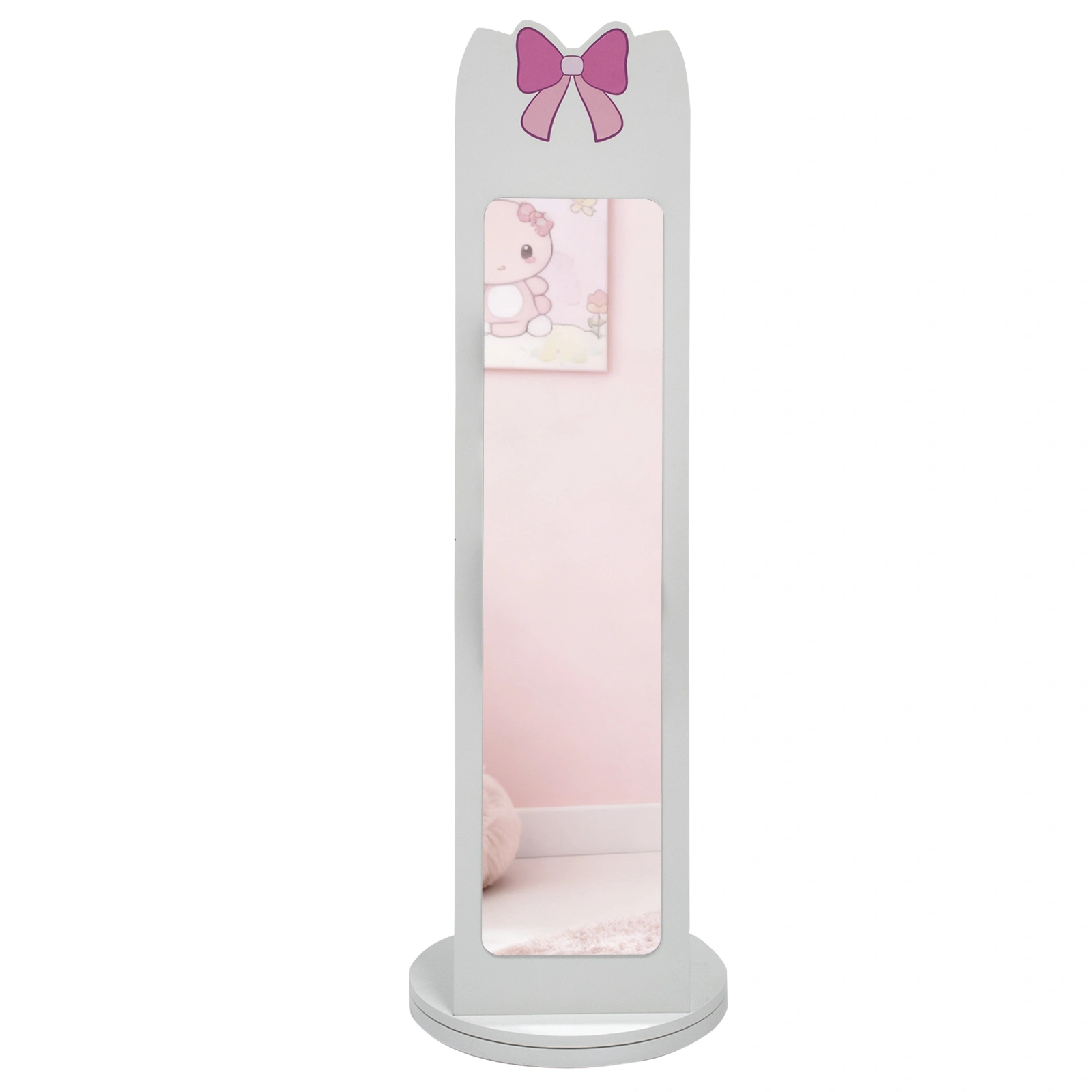 White Bow Pattern MDF Children's Jewelry Mirror Cabinet, 1-Door 1-Shelf Rotatable Bottom, Painted Finish Storage view 6