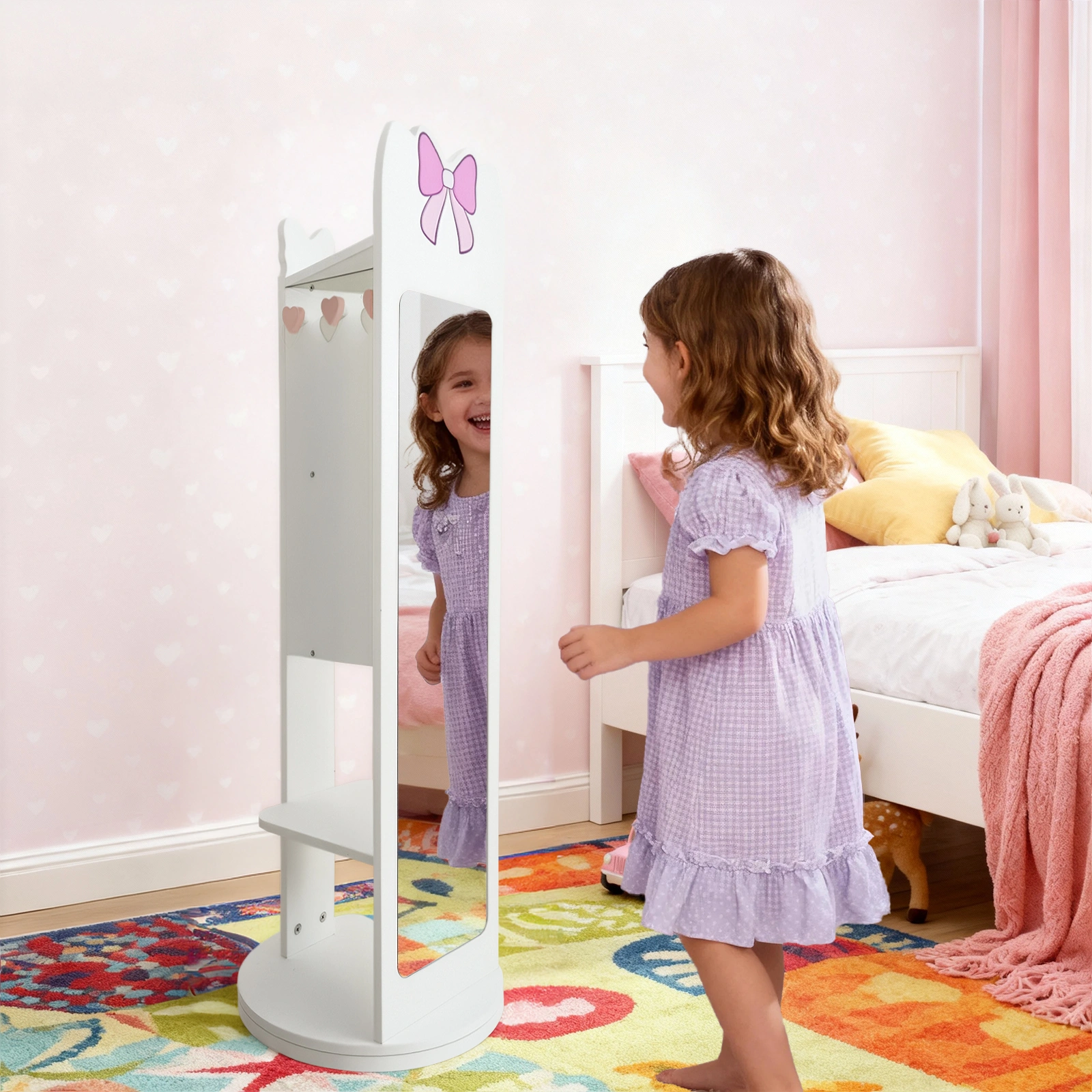 White Bow Pattern MDF Children's Jewelry Mirror Cabinet, 1-Door 1-Shelf Rotatable Bottom, Painted Finish Storage view 7