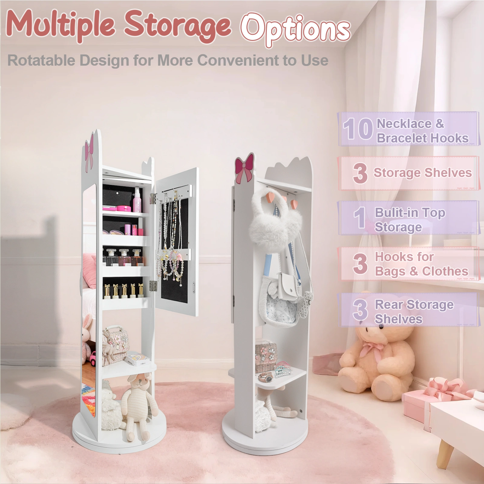 White Bow Pattern MDF Children's Jewelry Mirror Cabinet, 1-Door 1-Shelf Rotatable Bottom, Painted Finish Storage view 9