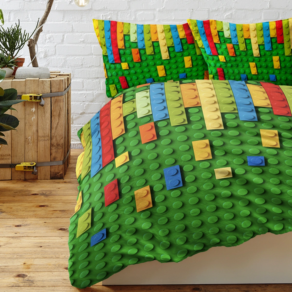 Green Blocks Duvet Cover Set 3-Piece Colorful Microfiber Kids Bedding Single Size view 2