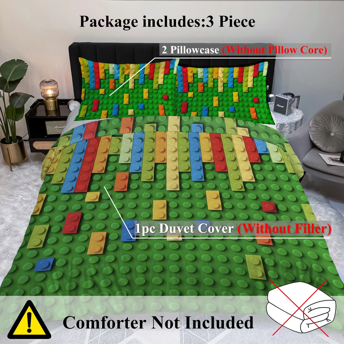 Green Blocks Duvet Cover Set 3-Piece Colorful Microfiber Kids Bedding Single Size view 4