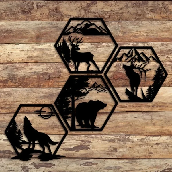 CIFbuy™ Iron Hexagon Forest Animal Wall Art Set, Rustic Outdoor Style Wall Hanging, Nature Theme Home Decor view 3