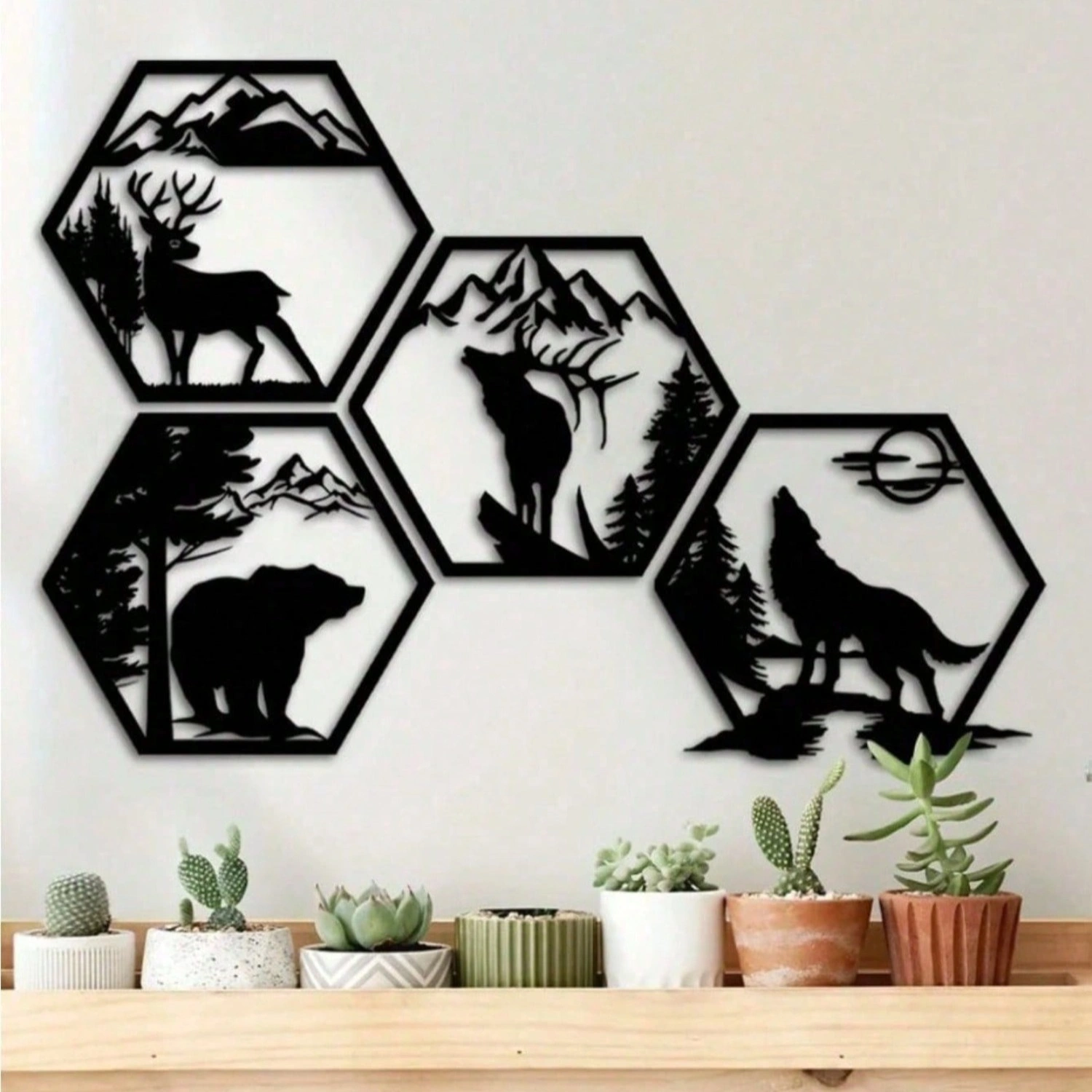 CIFbuy™ Iron Hexagon Forest Animal Wall Art Set, Rustic Outdoor Style Wall Hanging, Nature Theme Home Decor