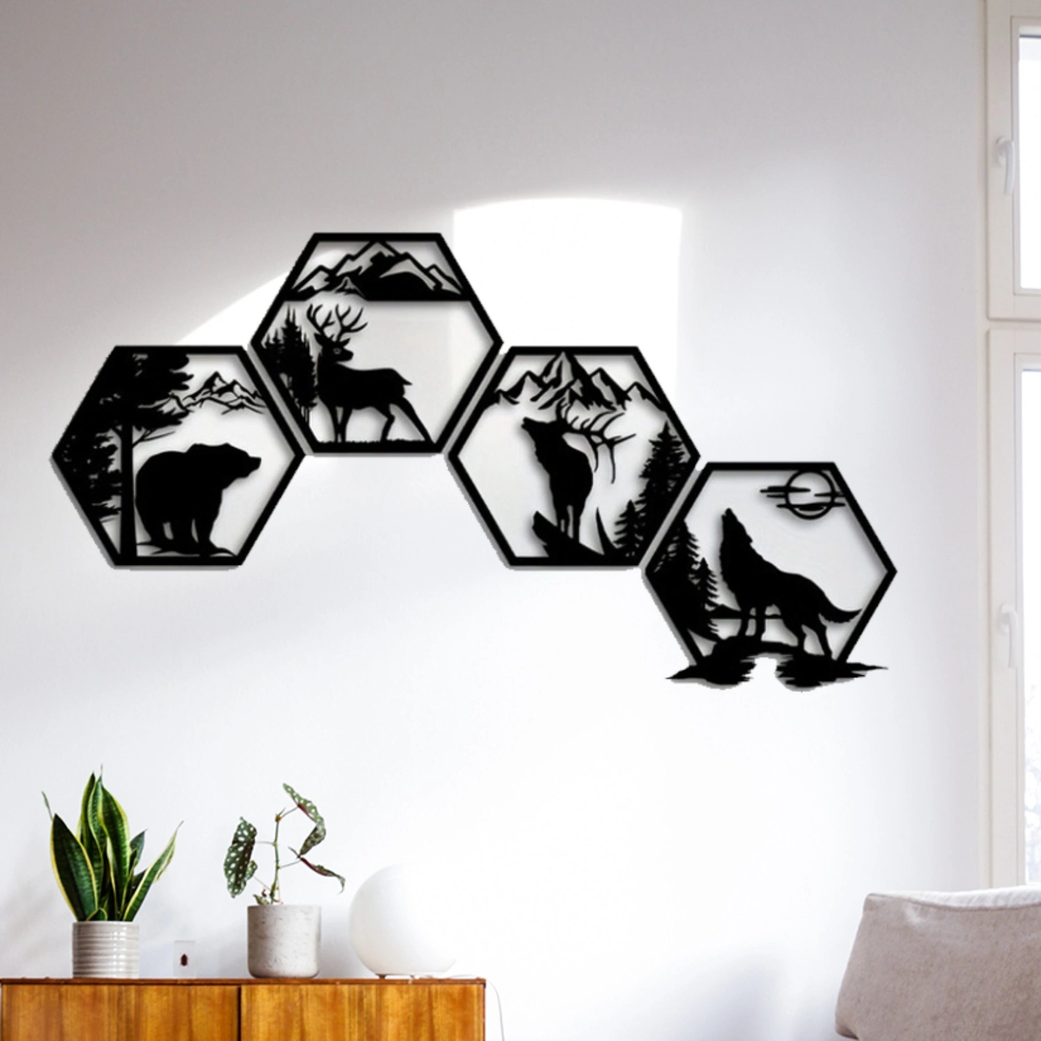 CIFbuy™ Iron Hexagon Forest Animal Wall Art Set, Rustic Outdoor Style Wall Hanging, Nature Theme Home Decor view 4