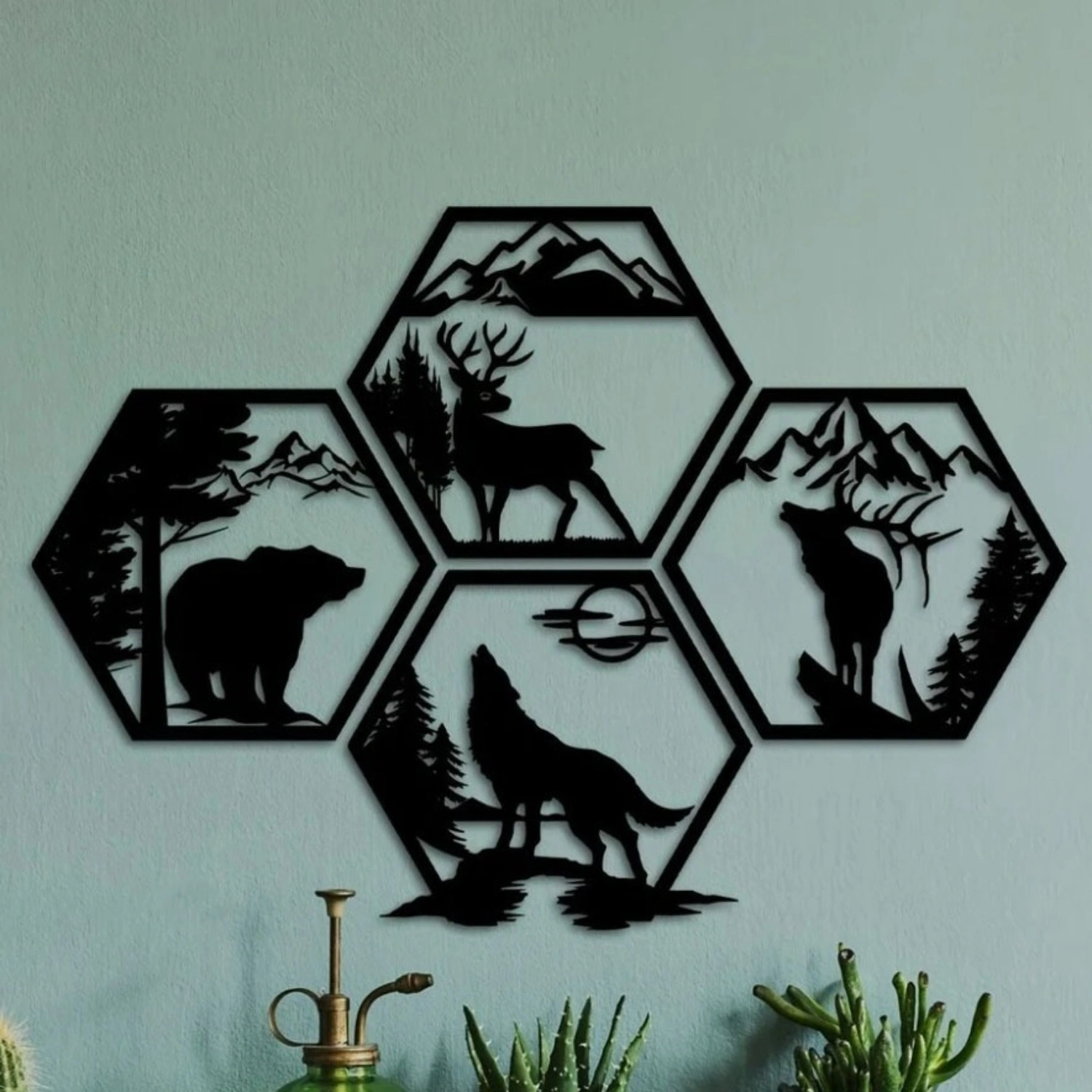 CIFbuy™ Iron Hexagon Forest Animal Wall Art Set, Rustic Outdoor Style Wall Hanging, Nature Theme Home Decor view 5