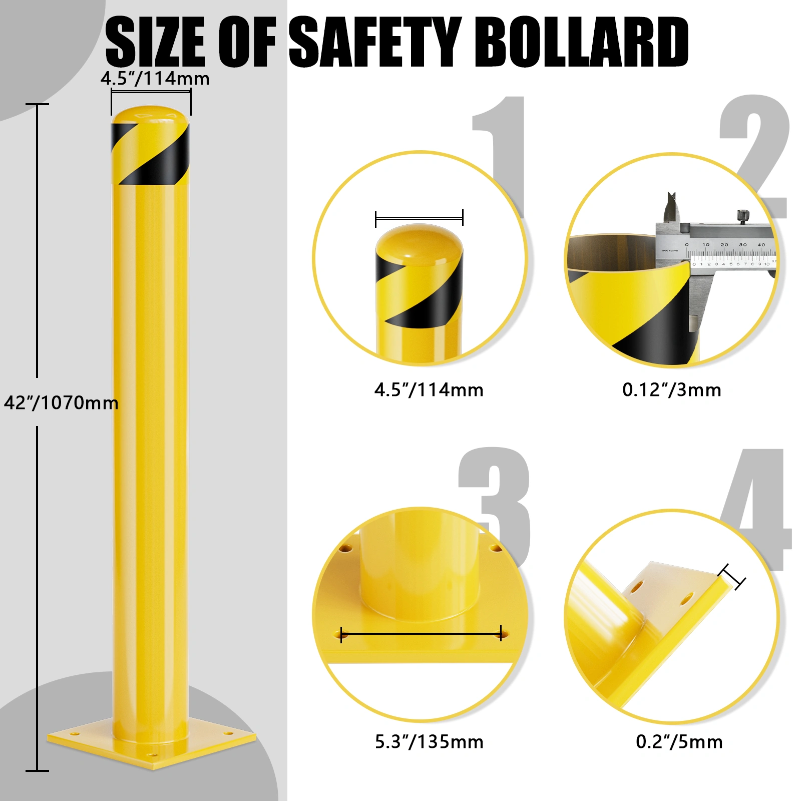 42 Inch Steel Parking Bollard, 4.5" Diameter Yellow Powder Coated Safety Bollard Covers, Traffic Barrier Post for Sensitive Areas view 2