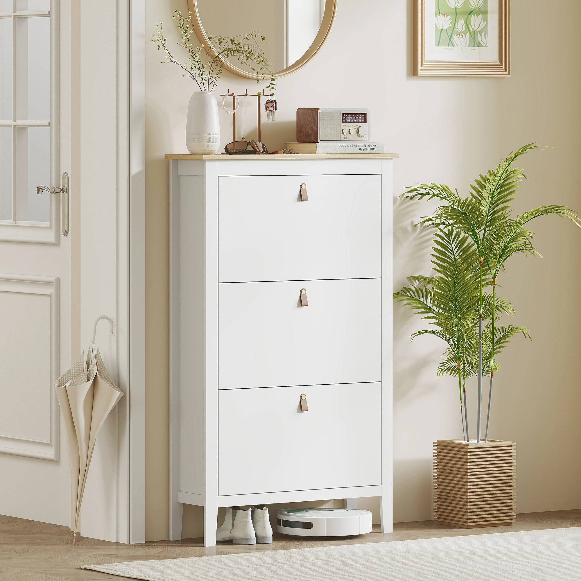 3 Drawer Shoe Cabinet for Entryway, Narrow Shoe Storage Organizer Rack with Doors, Slim Hallway Shoe Cabinet