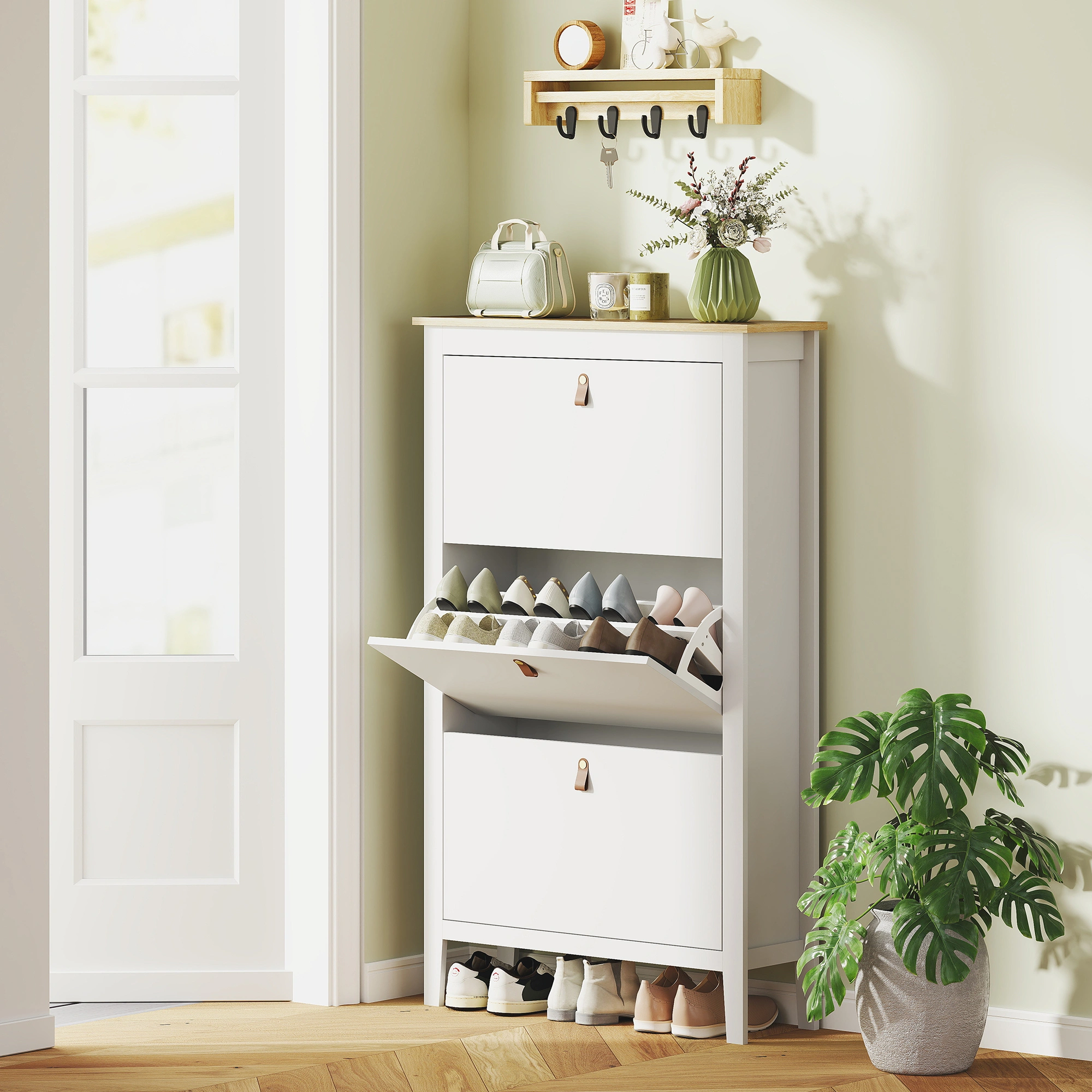 3 Drawer Shoe Cabinet for Entryway, Narrow Shoe Storage Organizer Rack with Doors, Slim Hallway Shoe Cabinet view 4