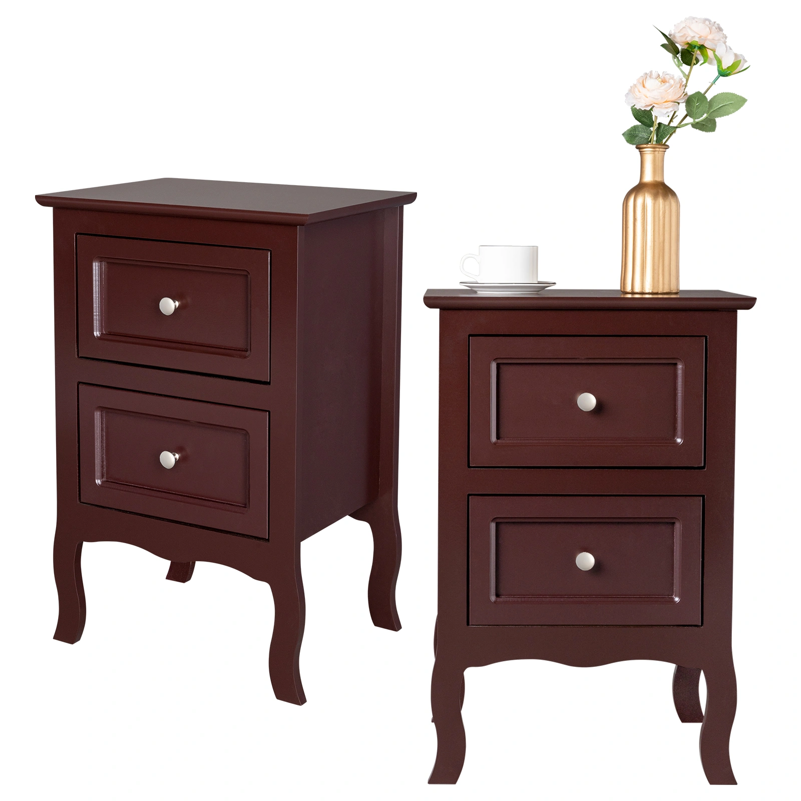 2pcs Country Style Two-Tier Nightstand Large Size Grown Bedroom Side Table with Storage Shelf