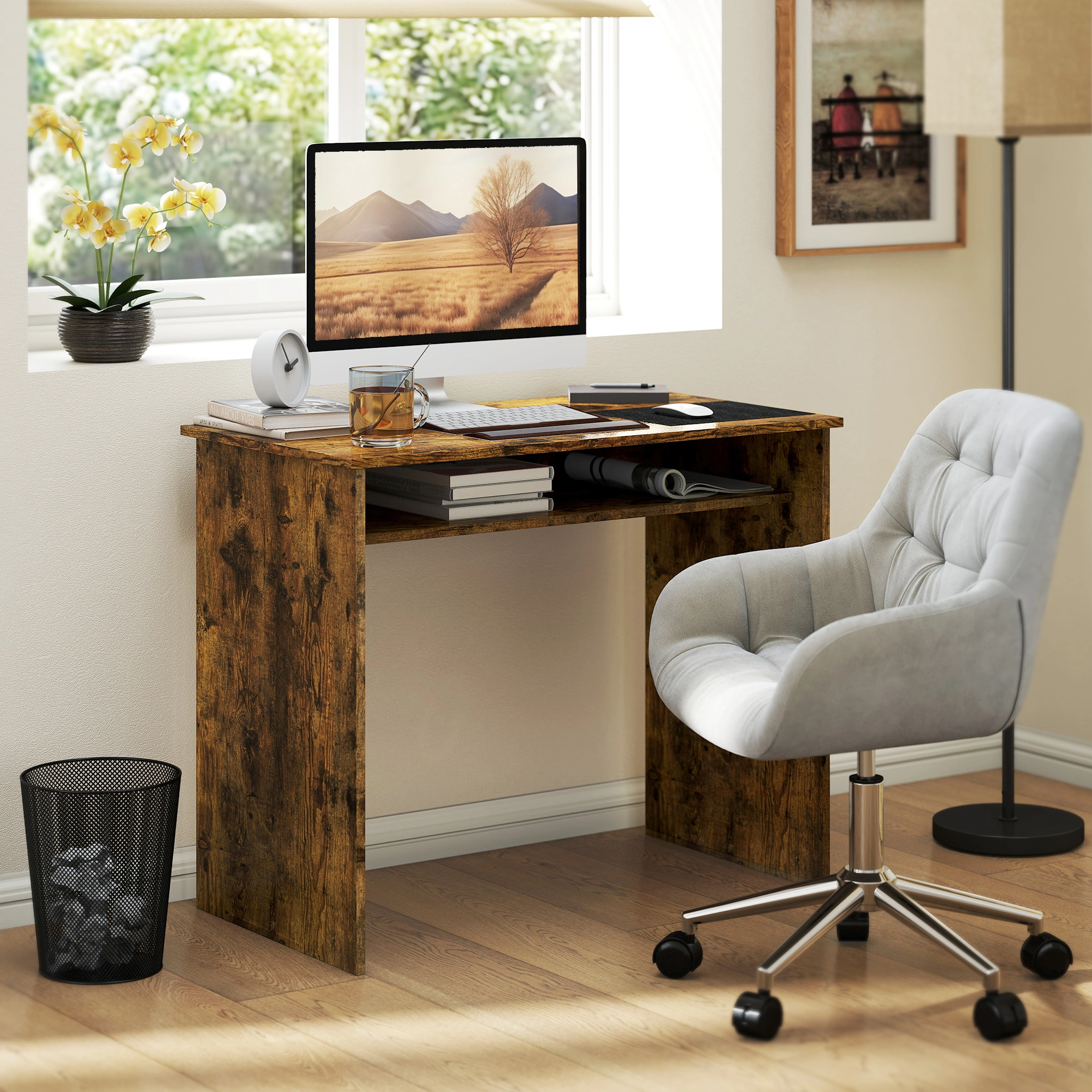 Modern Writing Desk with Storage Drawer, Compact Home Office Desk for Small Spaces, 47 Inch Computer Desk, Black Wood Grain Finish