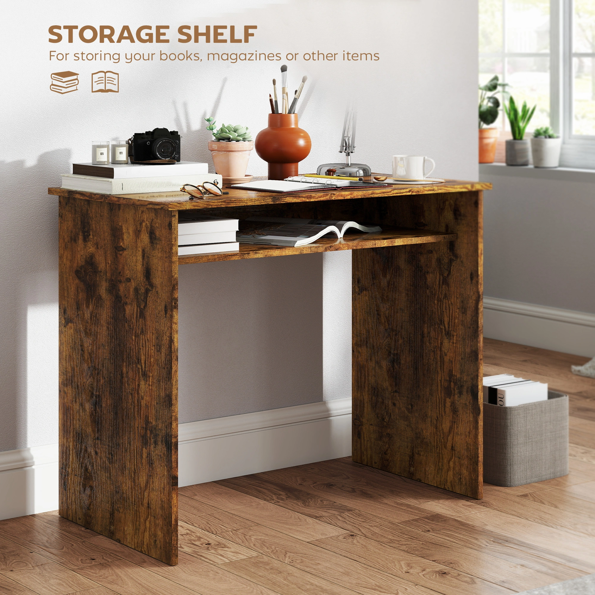 Modern Writing Desk with Storage Drawer, Compact Home Office Desk for Small Spaces, 47 Inch Computer Desk, Black Wood Grain Finish view 4