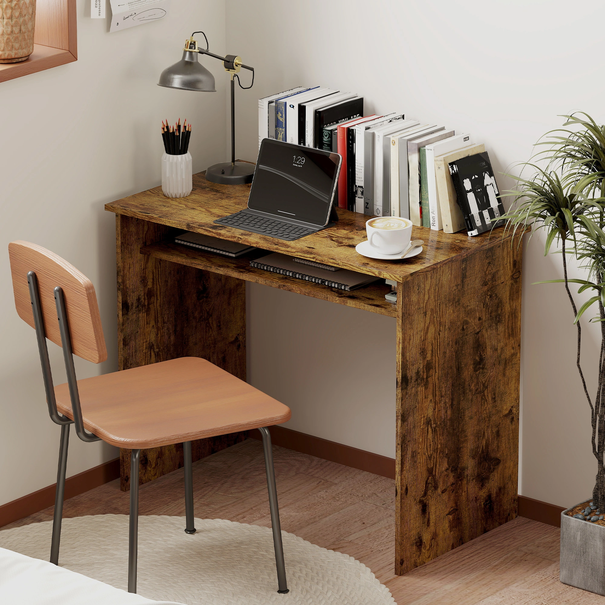 Modern Writing Desk with Storage Drawer, Compact Home Office Desk for Small Spaces, 47 Inch Computer Desk, Black Wood Grain Finish view 5