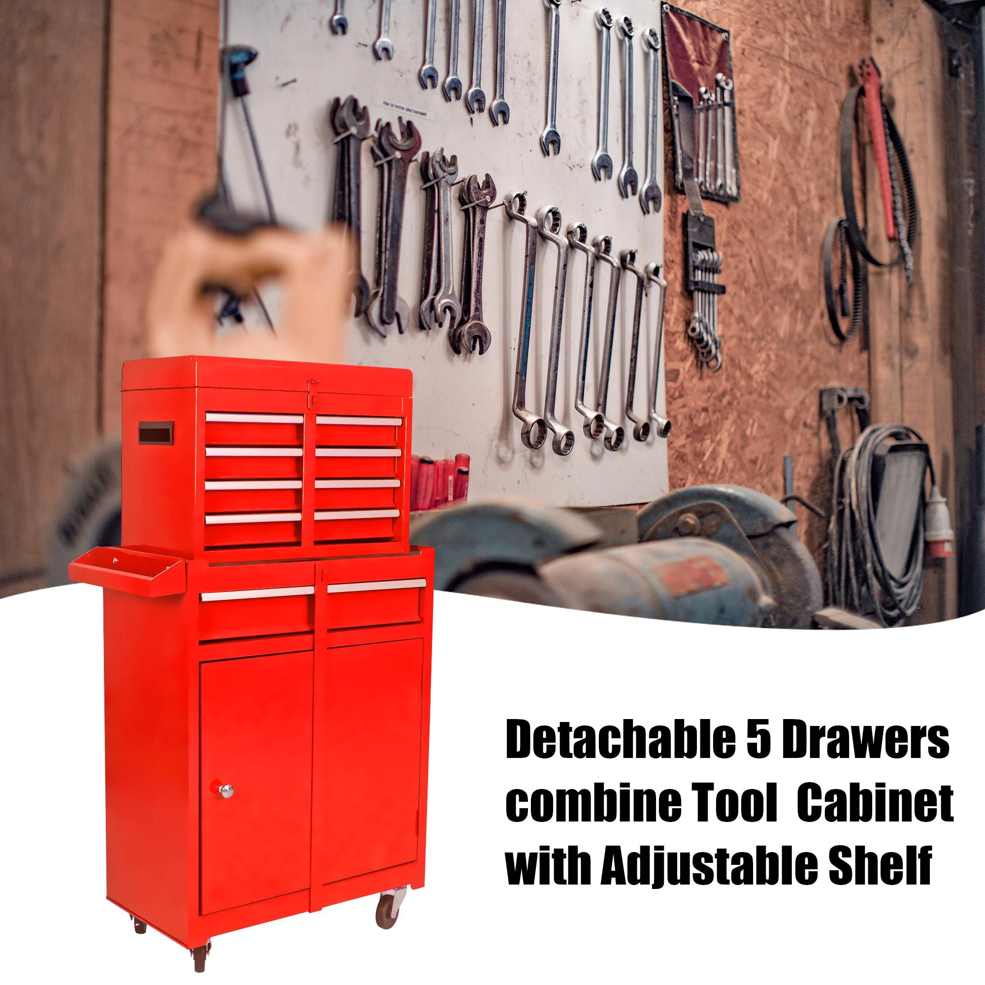 Detachable 5 Drawer Tool Chest with Bottom Cabinet and One Adjustable Shelf--Red view 3