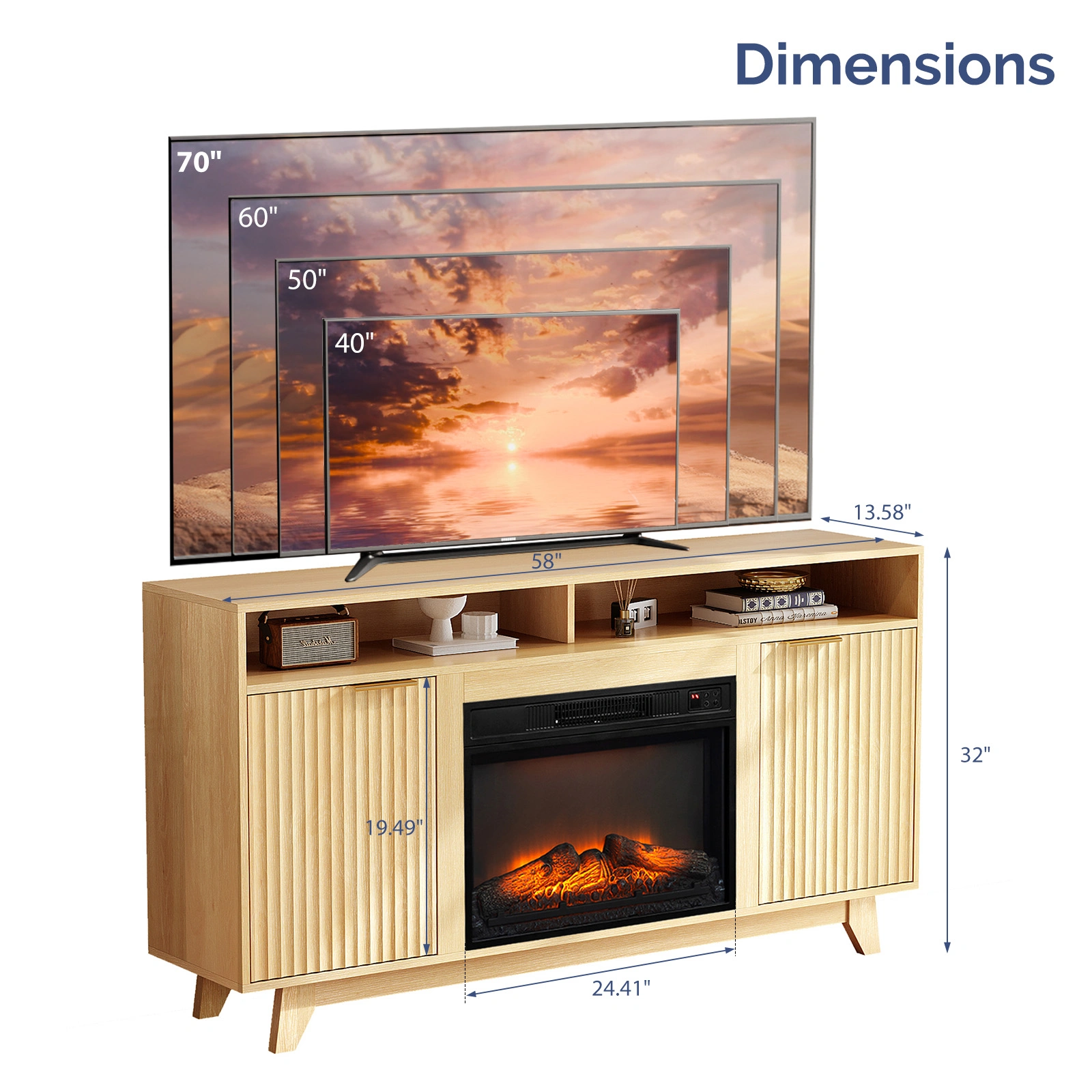 Oak Fireplace TV Stand with 23 Inch Insert, Double Grid Doors, Gold Handles & 2 Shelves, Media Console 58 x 13.6 x 32 Inch view 3