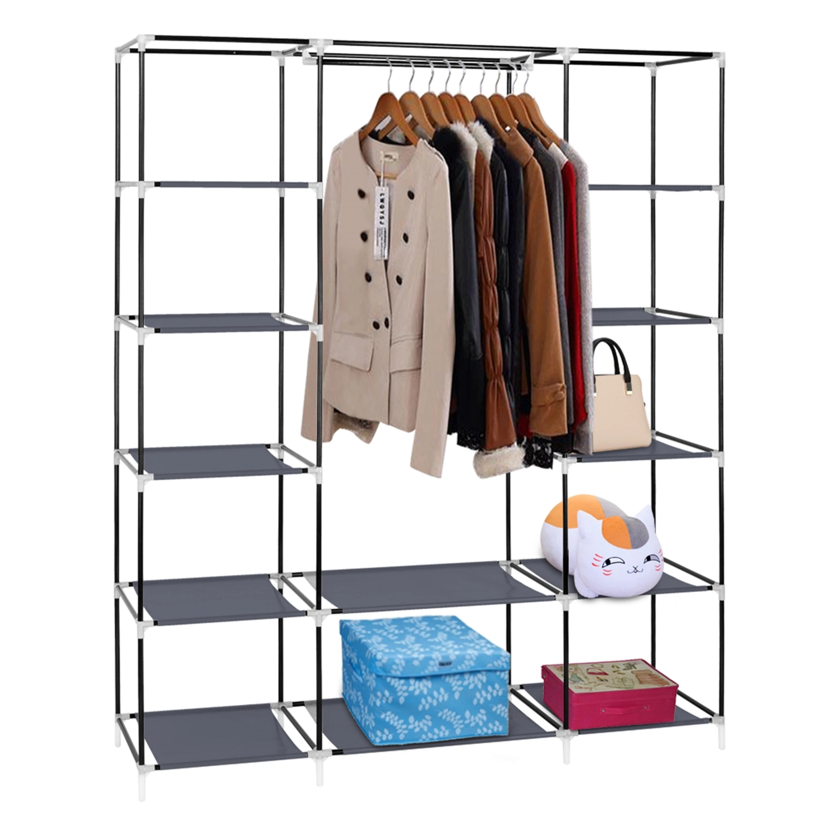 69" Portable Clothes Closet Wardrobe Storage Organizer with Non-Woven Fabric Quick and Easy to Assemble Extra Strong and Durable Gray view 11