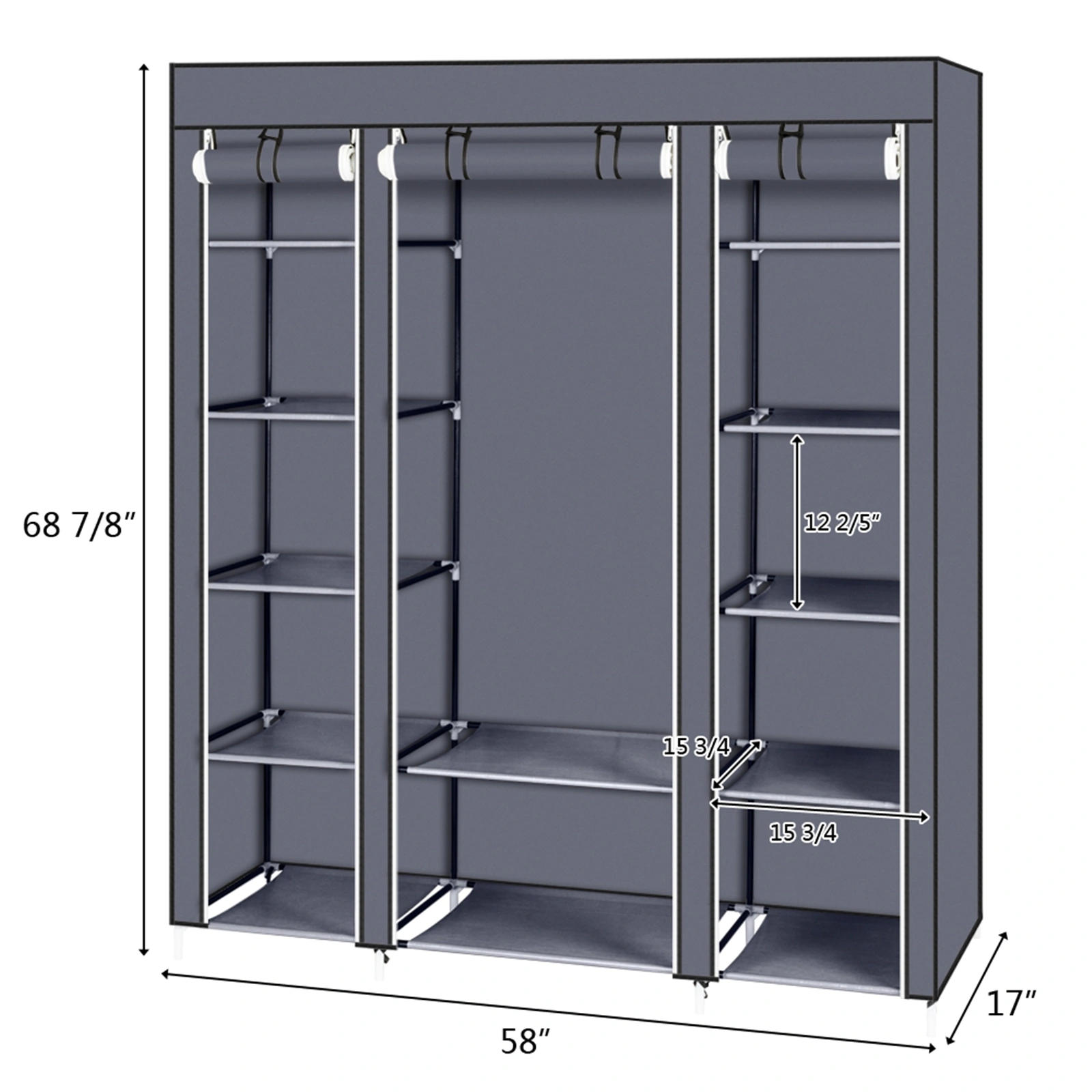 69" Portable Clothes Closet Wardrobe Storage Organizer with Non-Woven Fabric Quick and Easy to Assemble Extra Strong and Durable Gray view 19