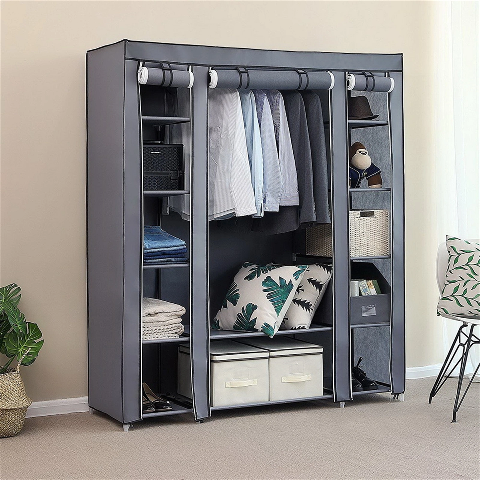 69" Portable Clothes Closet Wardrobe Storage Organizer with Non-Woven Fabric Quick and Easy to Assemble Extra Strong and Durable Gray view 2