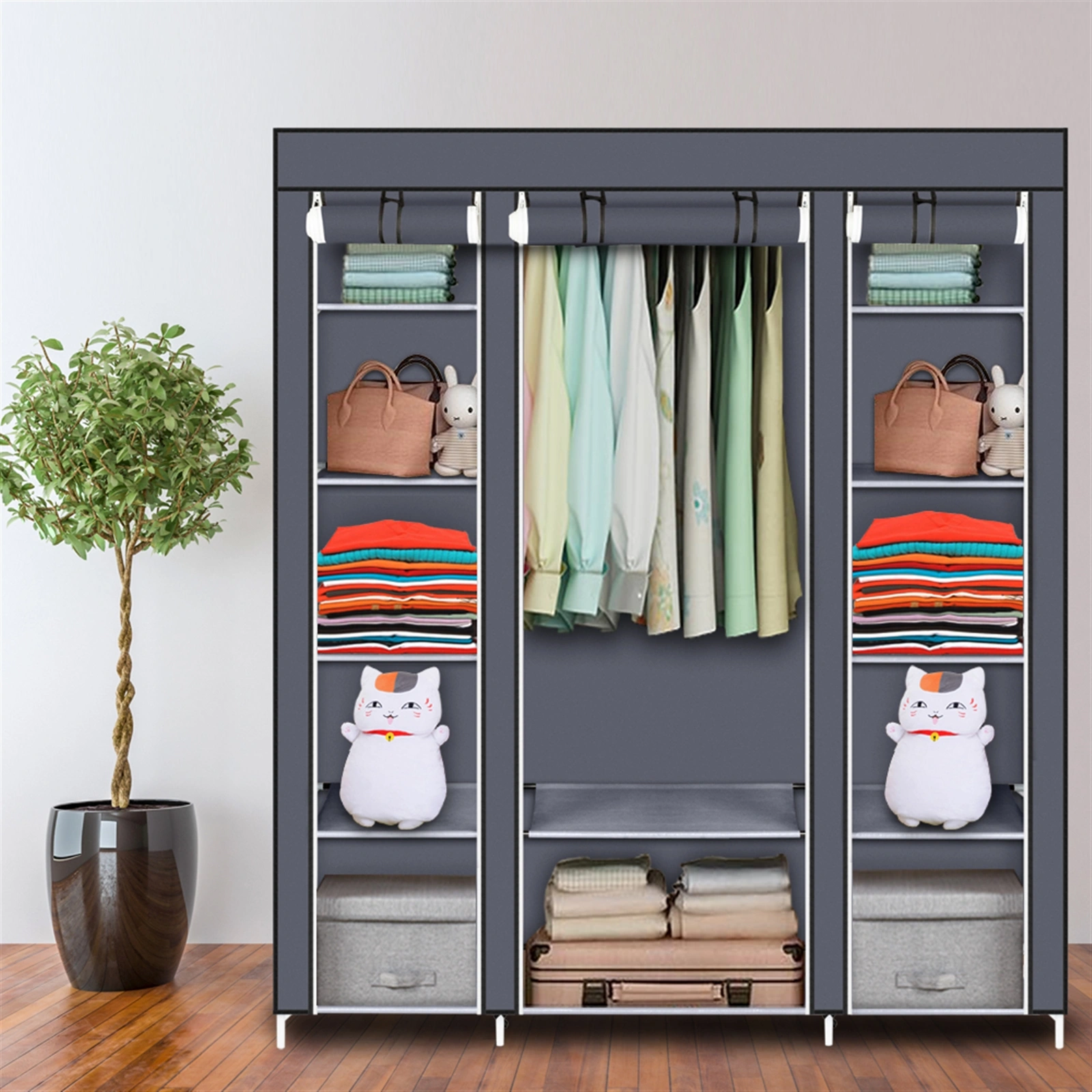 69" Portable Clothes Closet Wardrobe Storage Organizer with Non-Woven Fabric Quick and Easy to Assemble Extra Strong and Durable Gray view 21