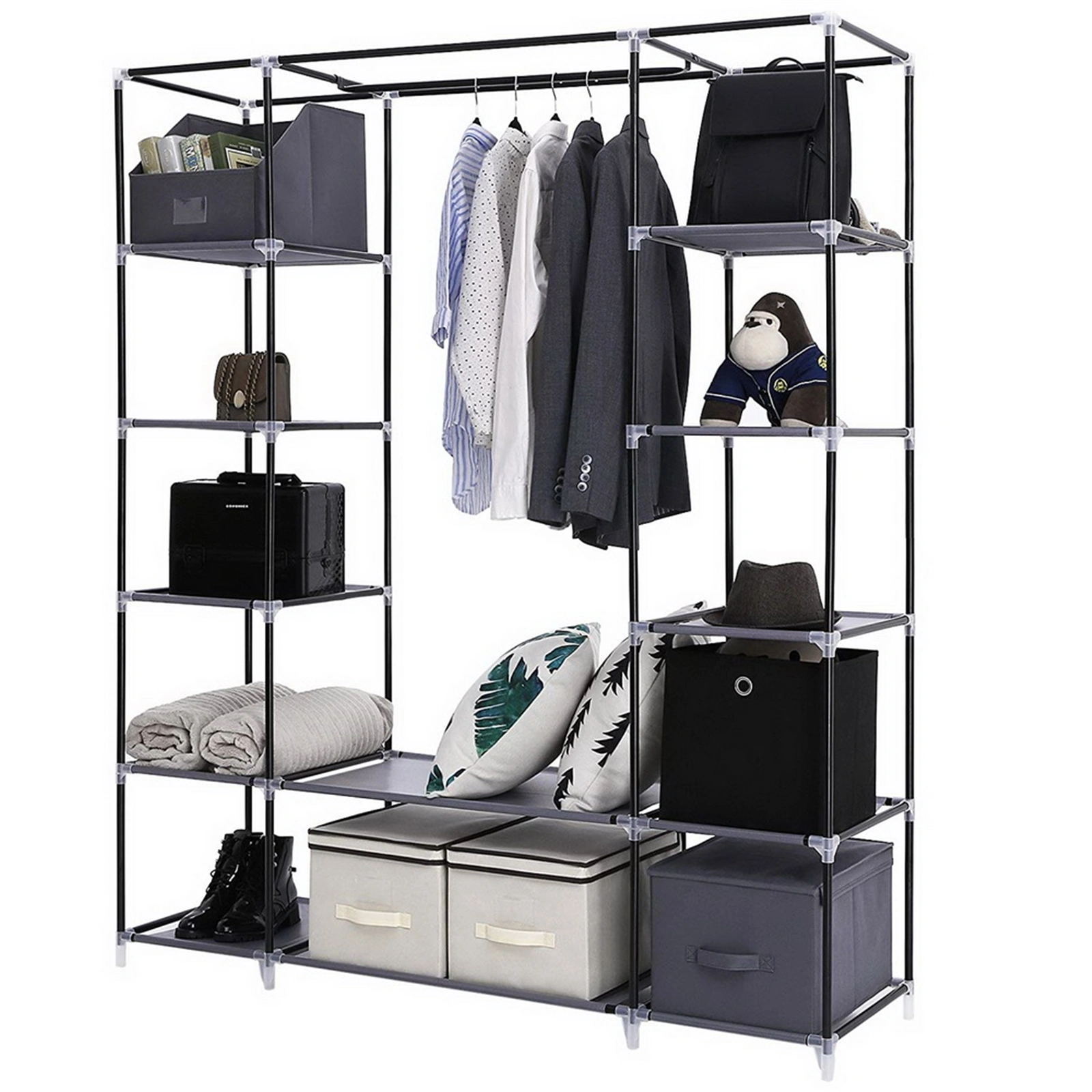 69" Portable Clothes Closet Wardrobe Storage Organizer with Non-Woven Fabric Quick and Easy to Assemble Extra Strong and Durable Gray view 4