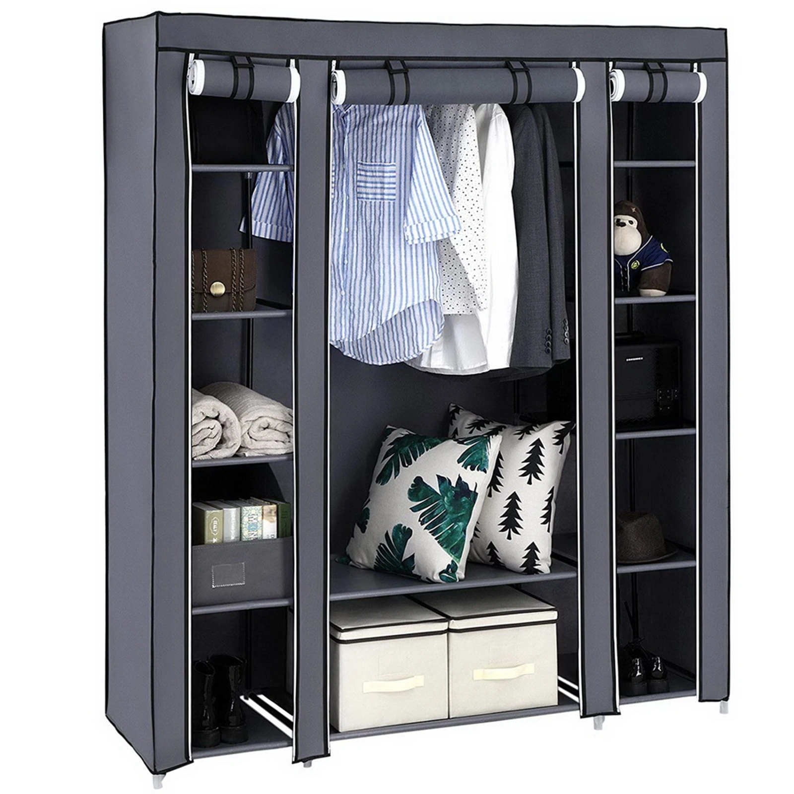 69" Portable Clothes Closet Wardrobe Storage Organizer with Non-Woven Fabric Quick and Easy to Assemble Extra Strong and Durable Gray view 5