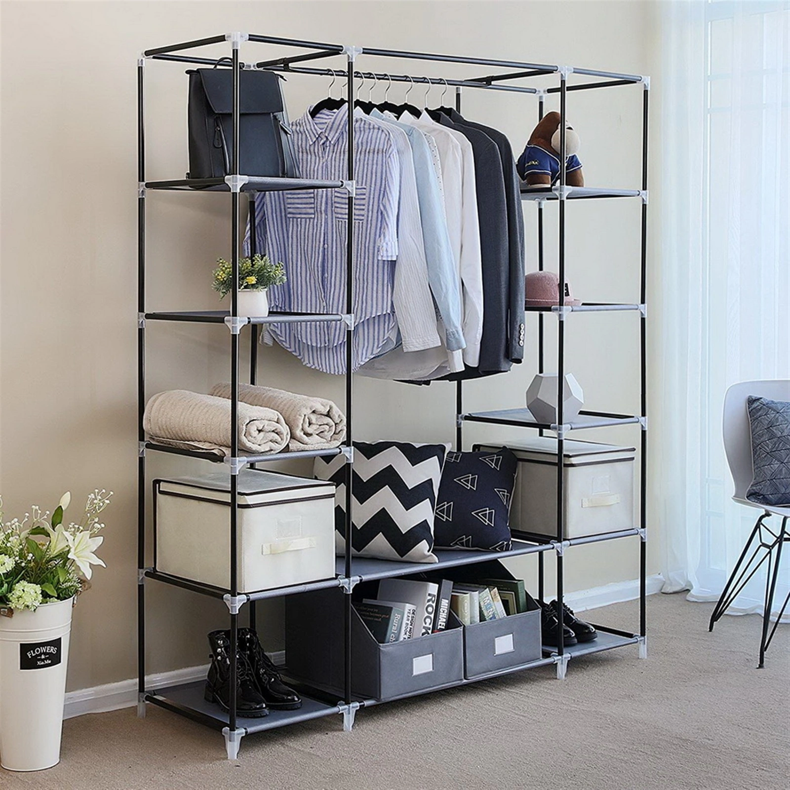 69" Portable Clothes Closet Wardrobe Storage Organizer with Non-Woven Fabric Quick and Easy to Assemble Extra Strong and Durable Gray view 6