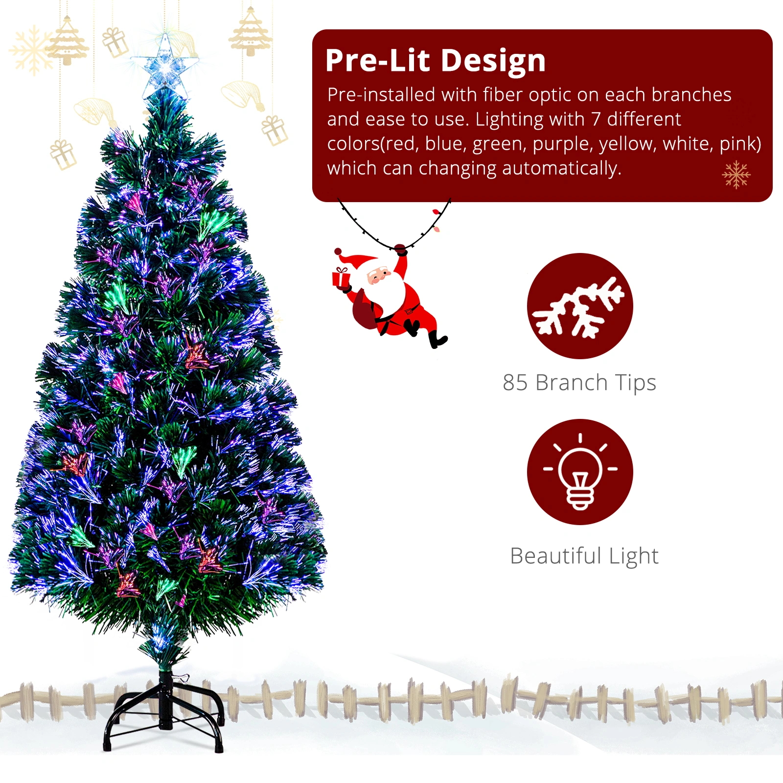3ft Color-Changing Optical Fiber Christmas Tree, 85 Branches PVC, Plastic Base with Star Topper, Green view 2