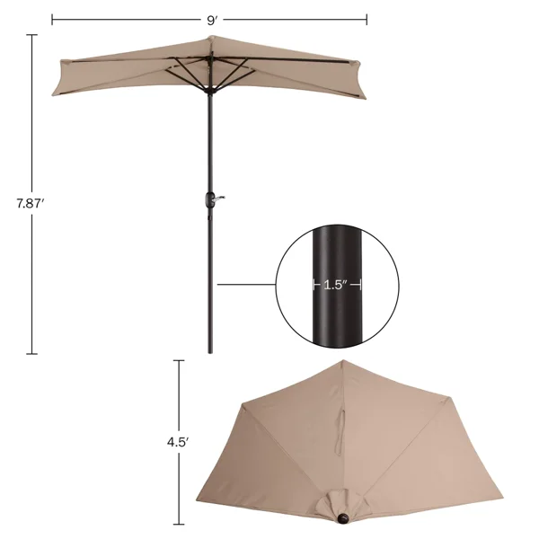 9FT Outdoor Half Patio Umbrella - Balcony Furniture, Beige view 3