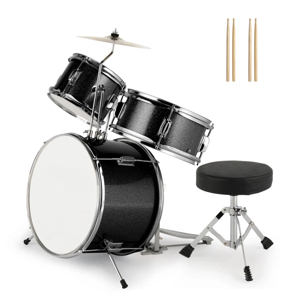 14"x10" 3-Pieces Junior Kids Drum Set Kit Pedal Drum Stick Wrench Drum Stool Black view 4