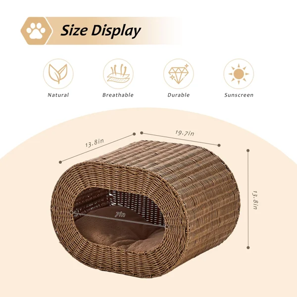 Handwoven Cat Cave House - Indoor Kitten Bed with Double-Sided Seasonal Mats, Sturdy Pet House for Multiple Cats, Suitable for Living Room & Bedroom view 3