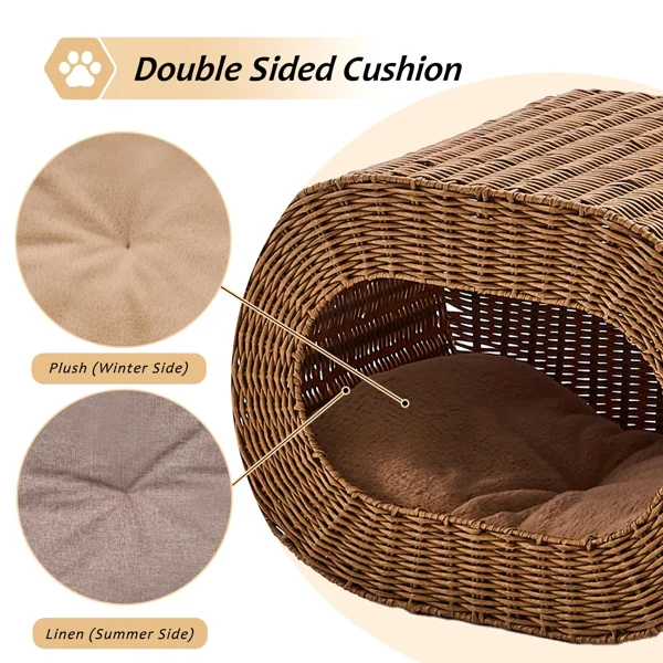 Handwoven Cat Cave House - Indoor Kitten Bed with Double-Sided Seasonal Mats, Sturdy Pet House for Multiple Cats, Suitable for Living Room & Bedroom view 4