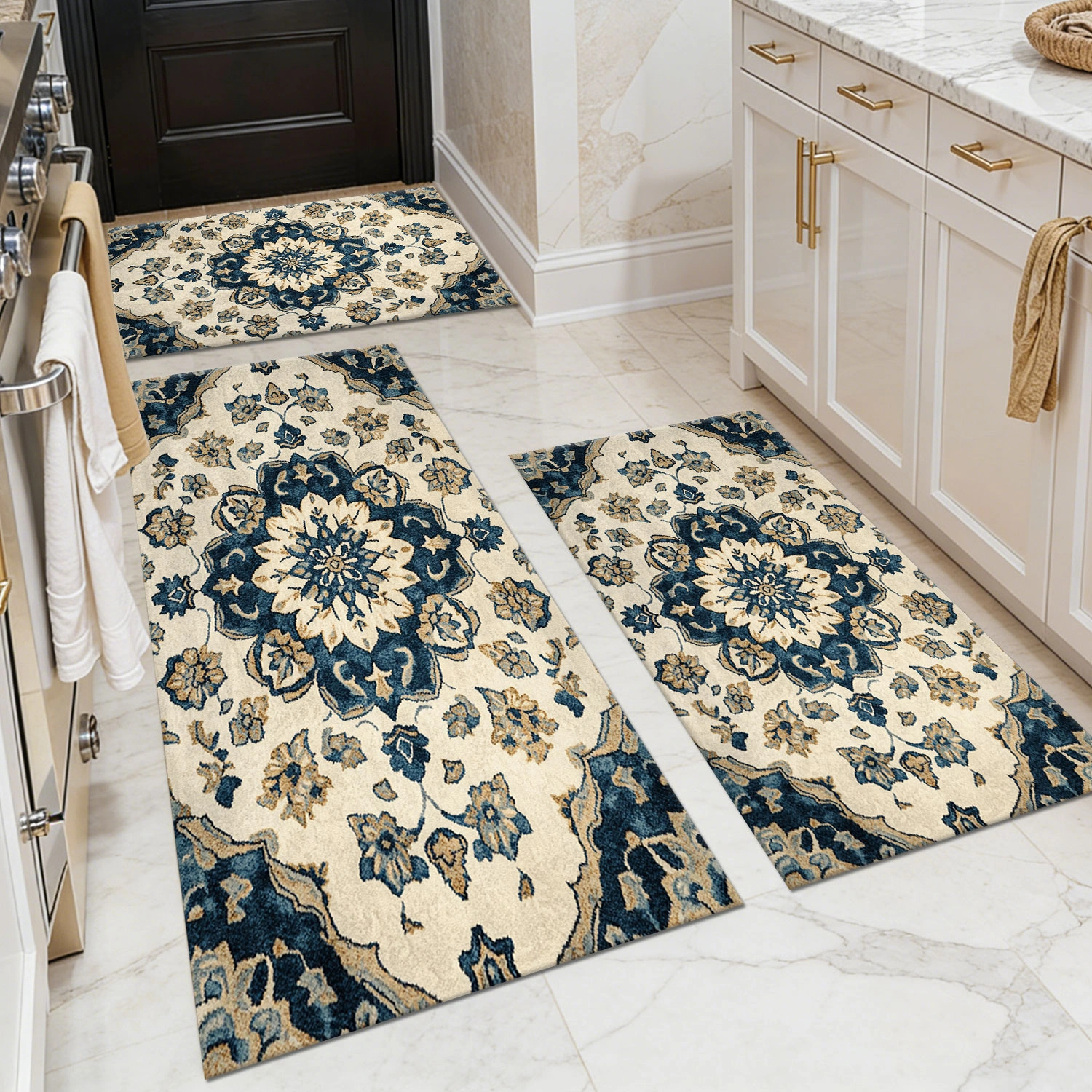 Three-piece kitchen rug set, non-slip and washable, abstract pattern kitchen hallway rug, soft and comfortable, suitable for sinks, floors, entrances, hallways and bathrooms.