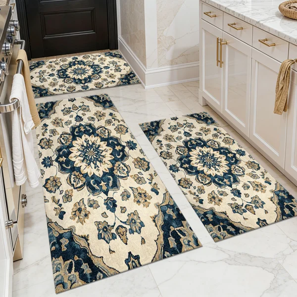 Three-piece kitchen rug set, non-slip and washable, abstract pattern kitchen hallway rug, soft and comfortable, suitable for sinks, floors, entrances, hallways and bathrooms.