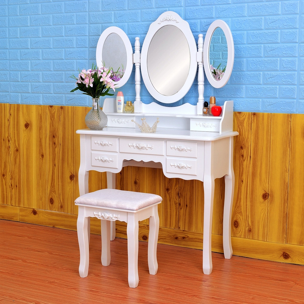 White Foldable Dressing Table with 3 Mirrors & 7 Drawers for Bedroom view 3