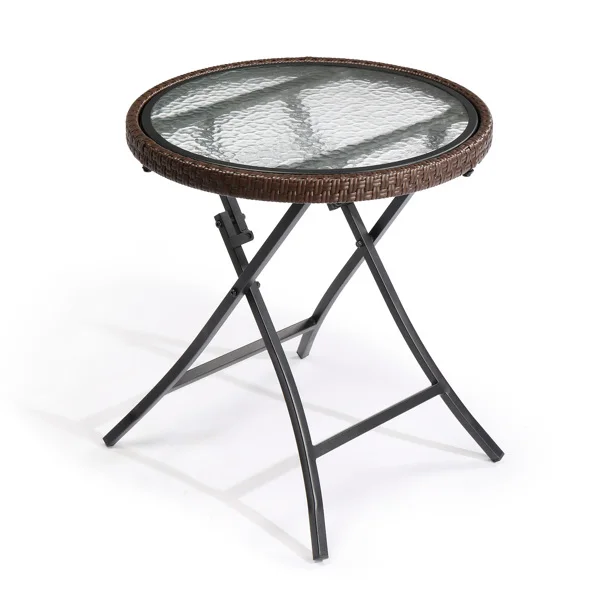 Outdoor Side Table, Round Rattan Patio Side Table, Small Foldable Wicker Table with Tempered Glass Table Top for Lawn Garden Balcony Porch Deck Pool, Brown(SAME AS17706490
