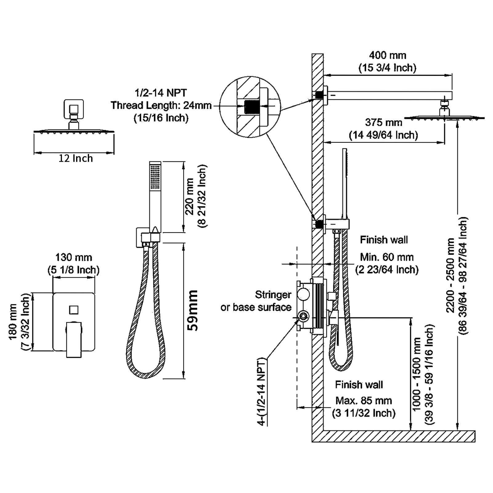 Shower System Shower Faucet Combo Set Wall Mounted with 12" Rainfall Shower Head and handheld shower faucet view 7
