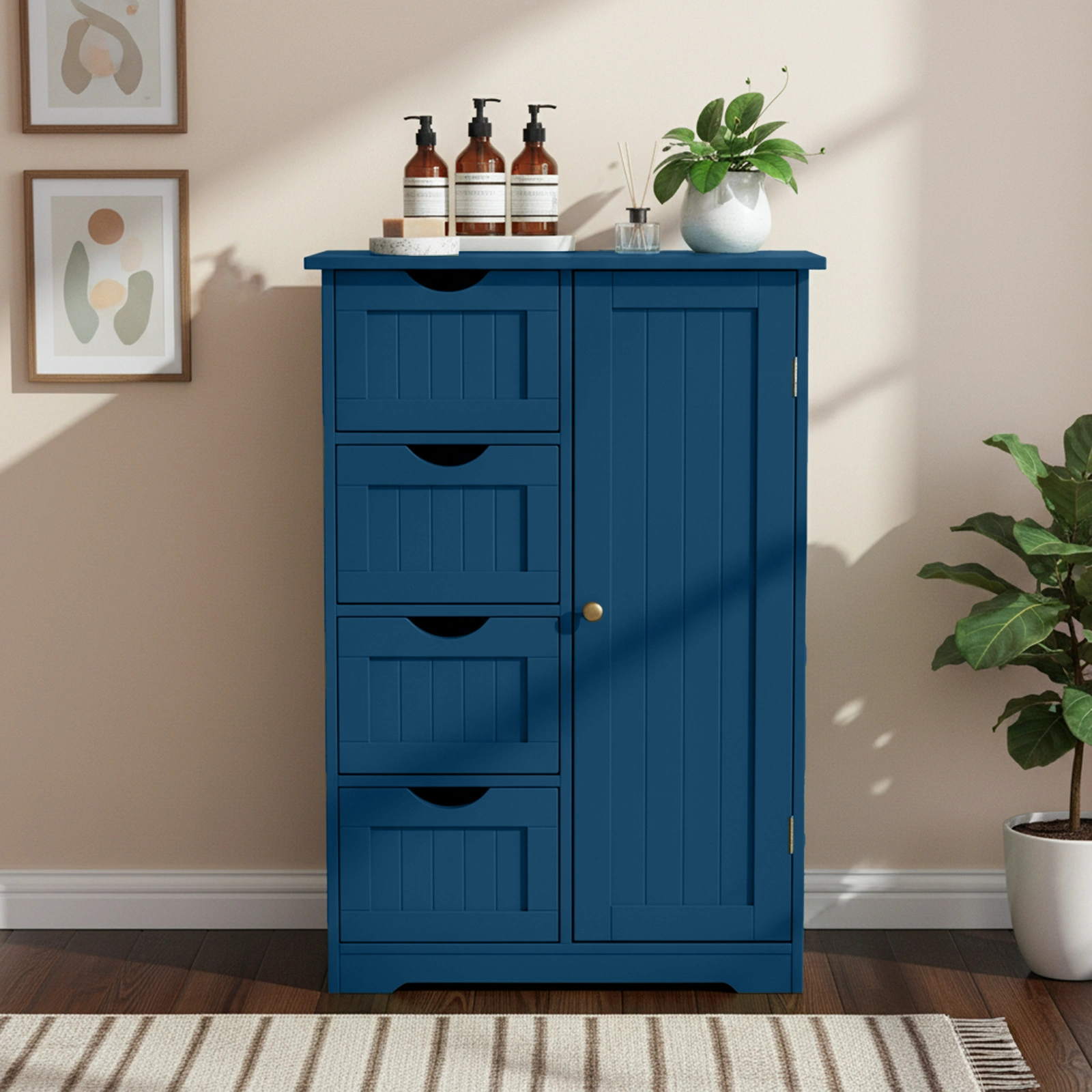 Navy Blue 4-Drawer 1-Door Bathroom Vanity Cabinet 56x30x82.5cm MDF Vertical Stripes Paint Finish Melamine Veneer view 2