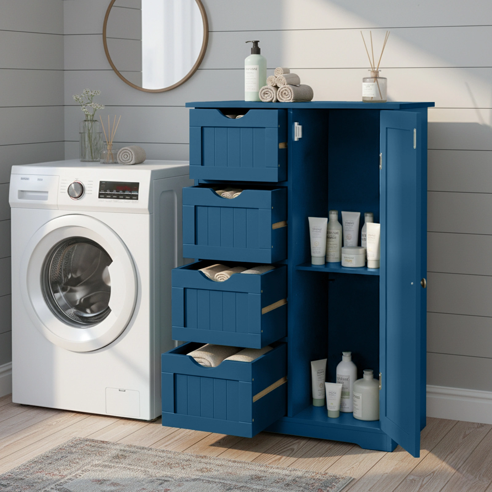 Navy Blue 4-Drawer 1-Door Bathroom Vanity Cabinet 56x30x82.5cm MDF Vertical Stripes Paint Finish Melamine Veneer view 3