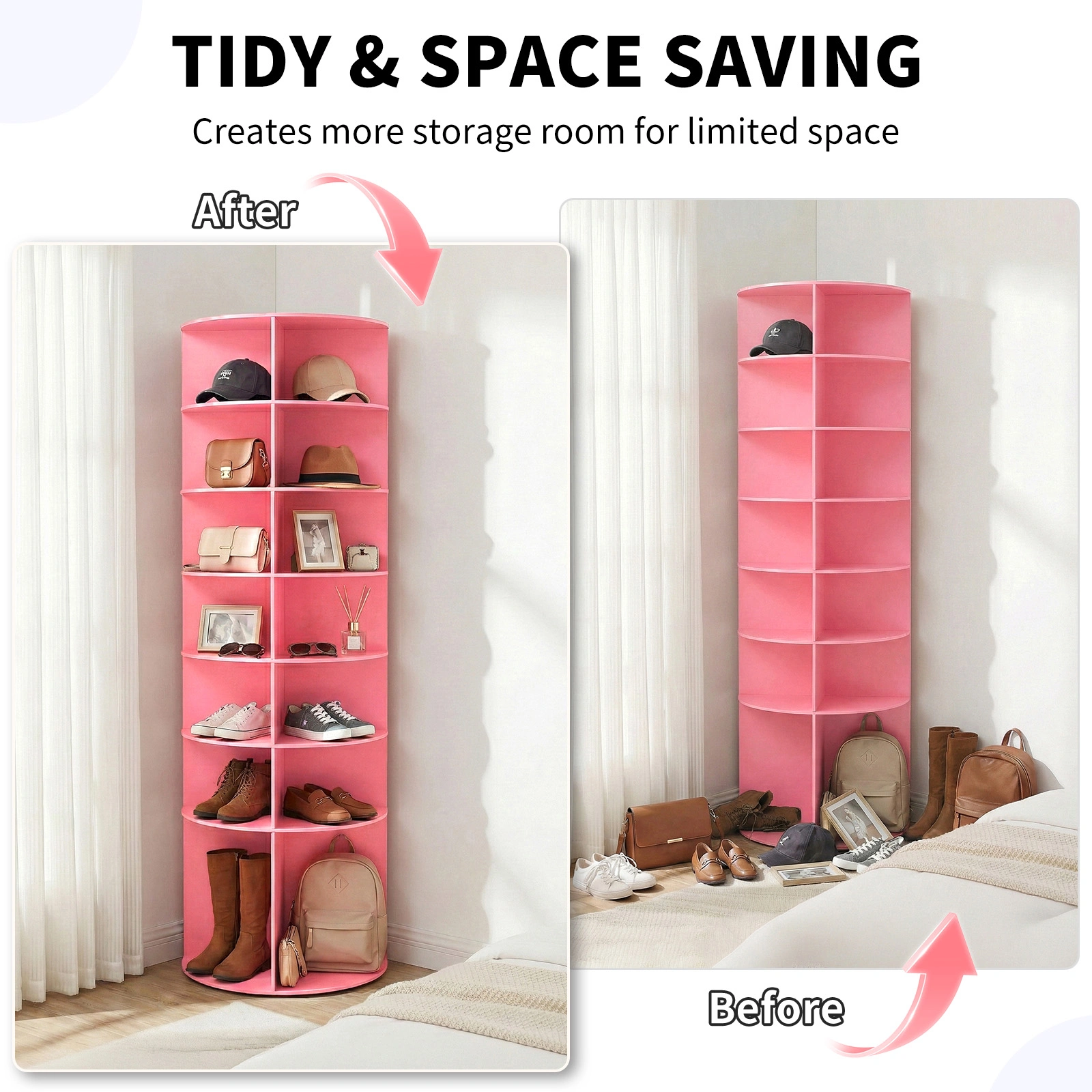 7-tier, 360° rotating wood-plastic composite shoe rack, 60*60*184cm, pink view 10