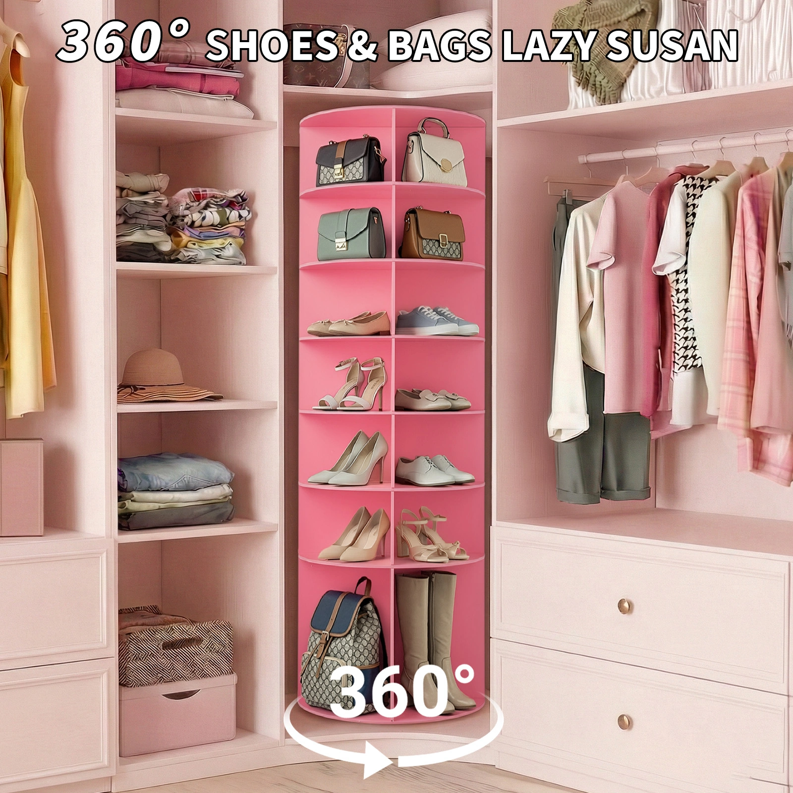 7-tier, 360° rotating wood-plastic composite shoe rack, 60*60*184cm, pink view 11