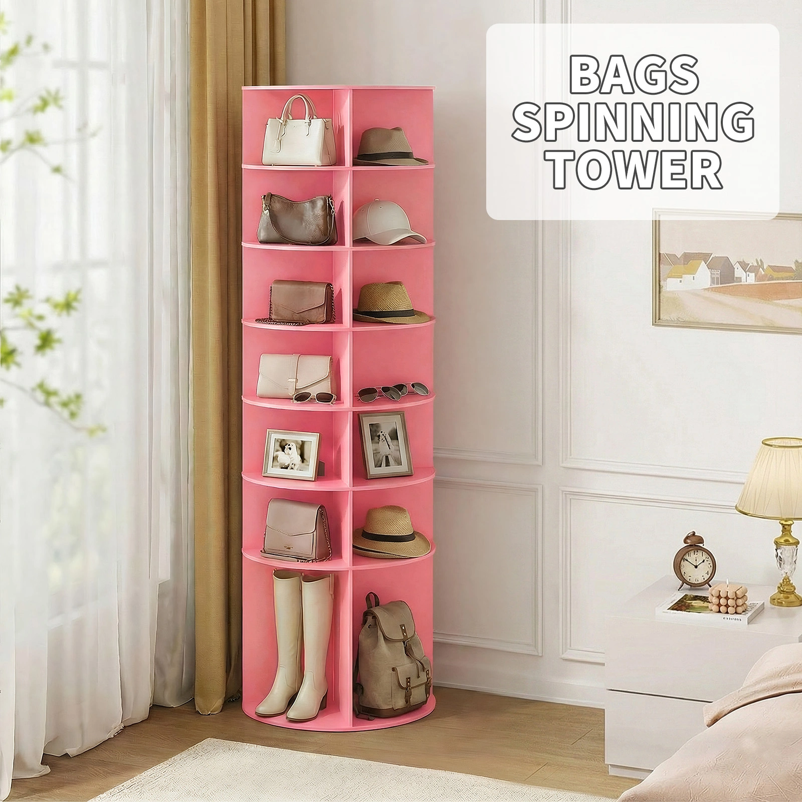 7-tier, 360° rotating wood-plastic composite shoe rack, 60*60*184cm, pink view 13
