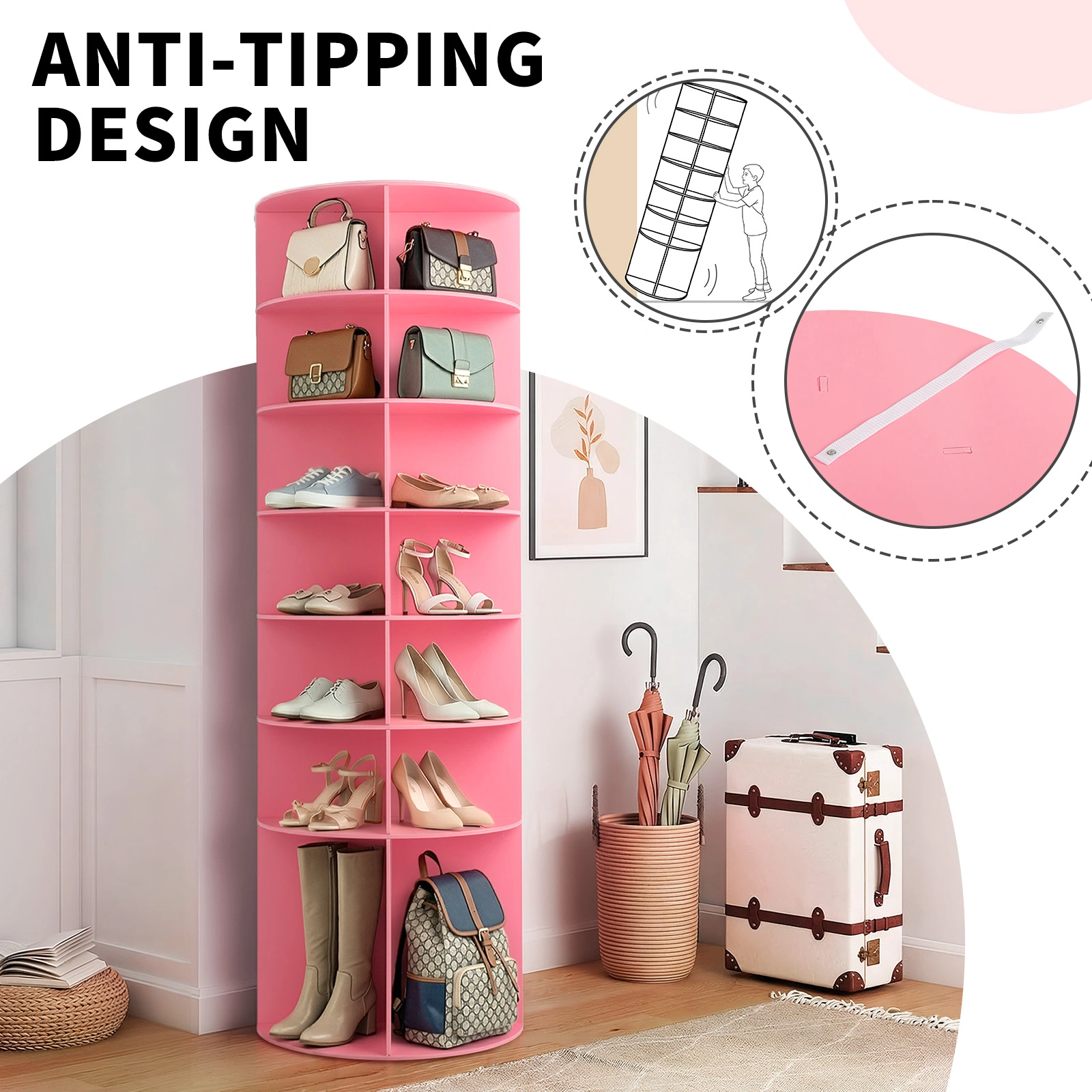 7-tier, 360° rotating wood-plastic composite shoe rack, 60*60*184cm, pink view 15