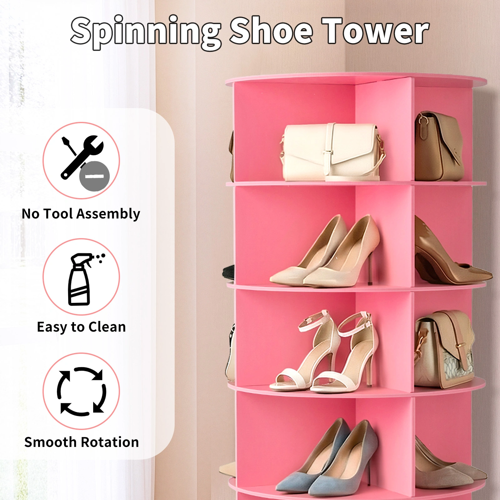 7-tier, 360° rotating wood-plastic composite shoe rack, 60*60*184cm, pink view 5