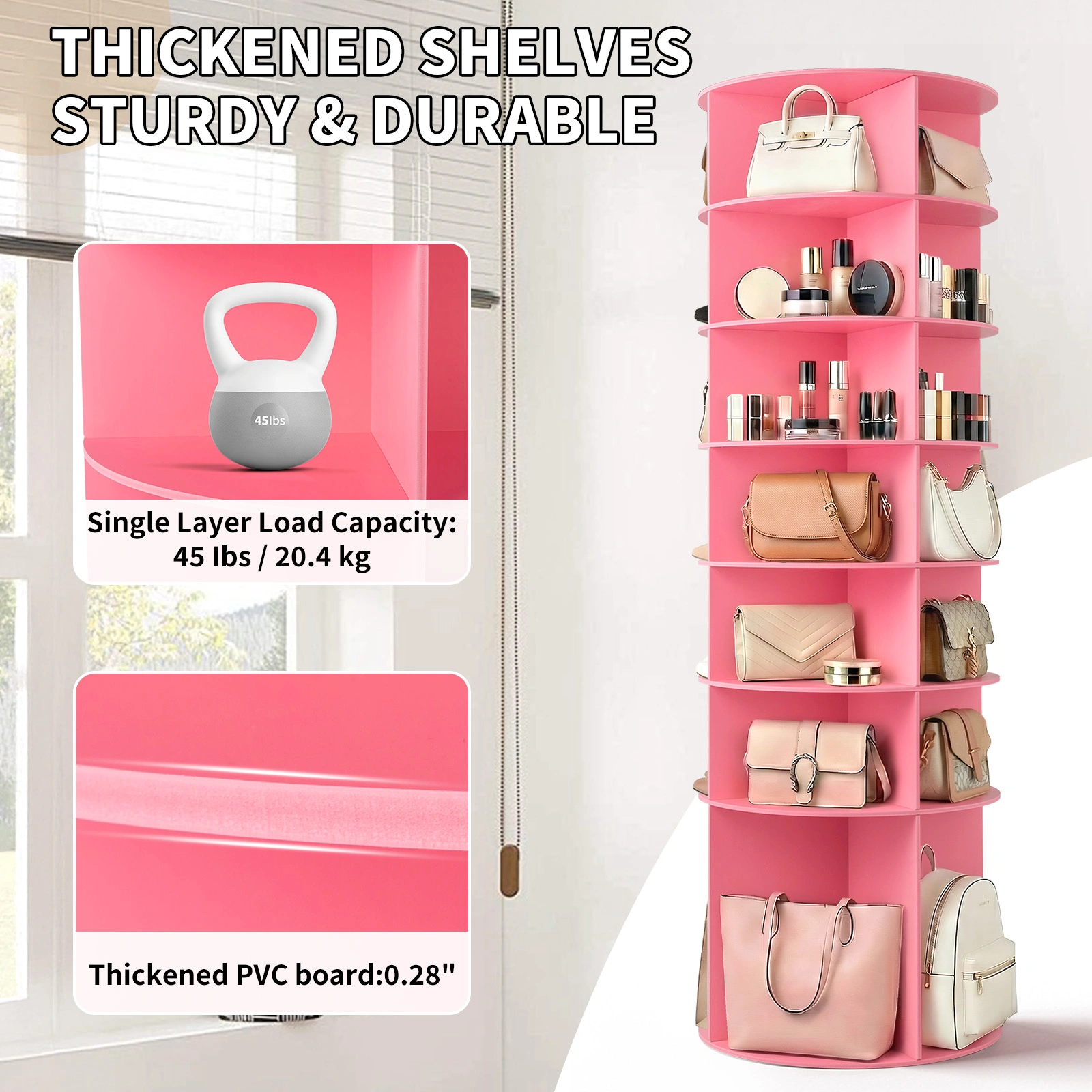 7-tier, 360° rotating wood-plastic composite shoe rack, 60*60*184cm, pink view 6