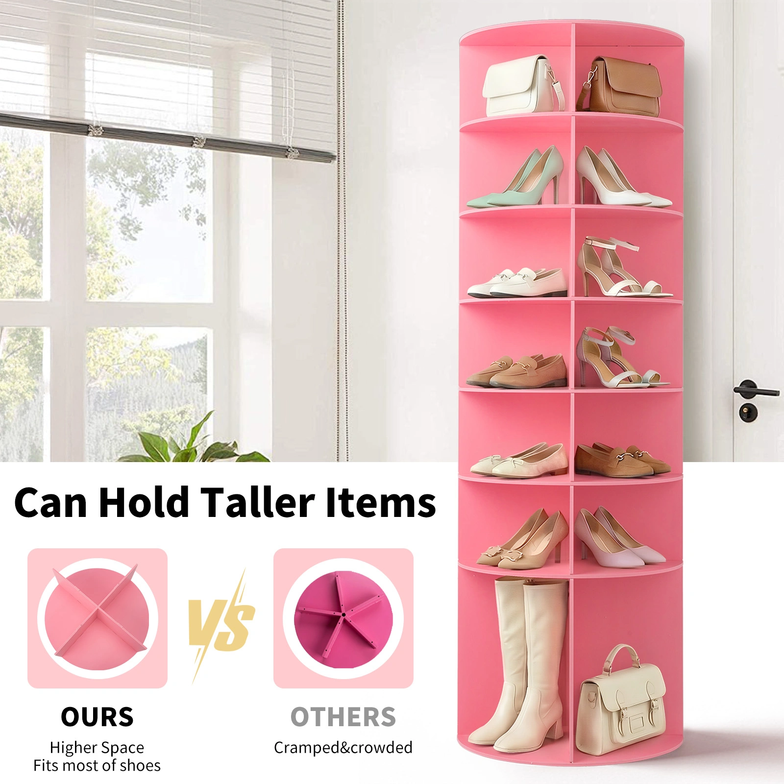 7-tier, 360° rotating wood-plastic composite shoe rack, 60*60*184cm, pink view 7