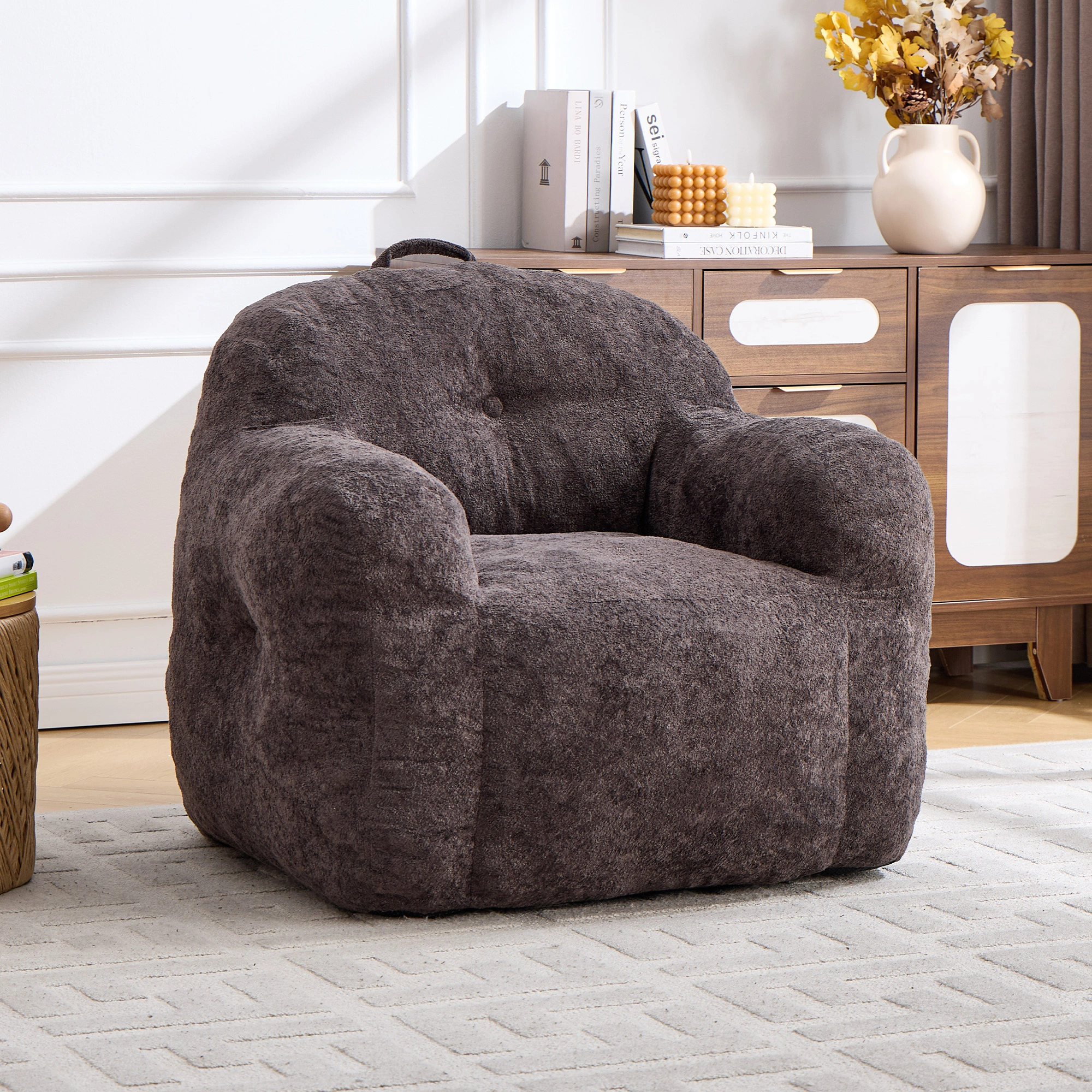 Bean Bag Chair with Armrests, Faux Fur Beanbag Sofa with Shredded Sponge Filler, No Assembly, Dark Grey